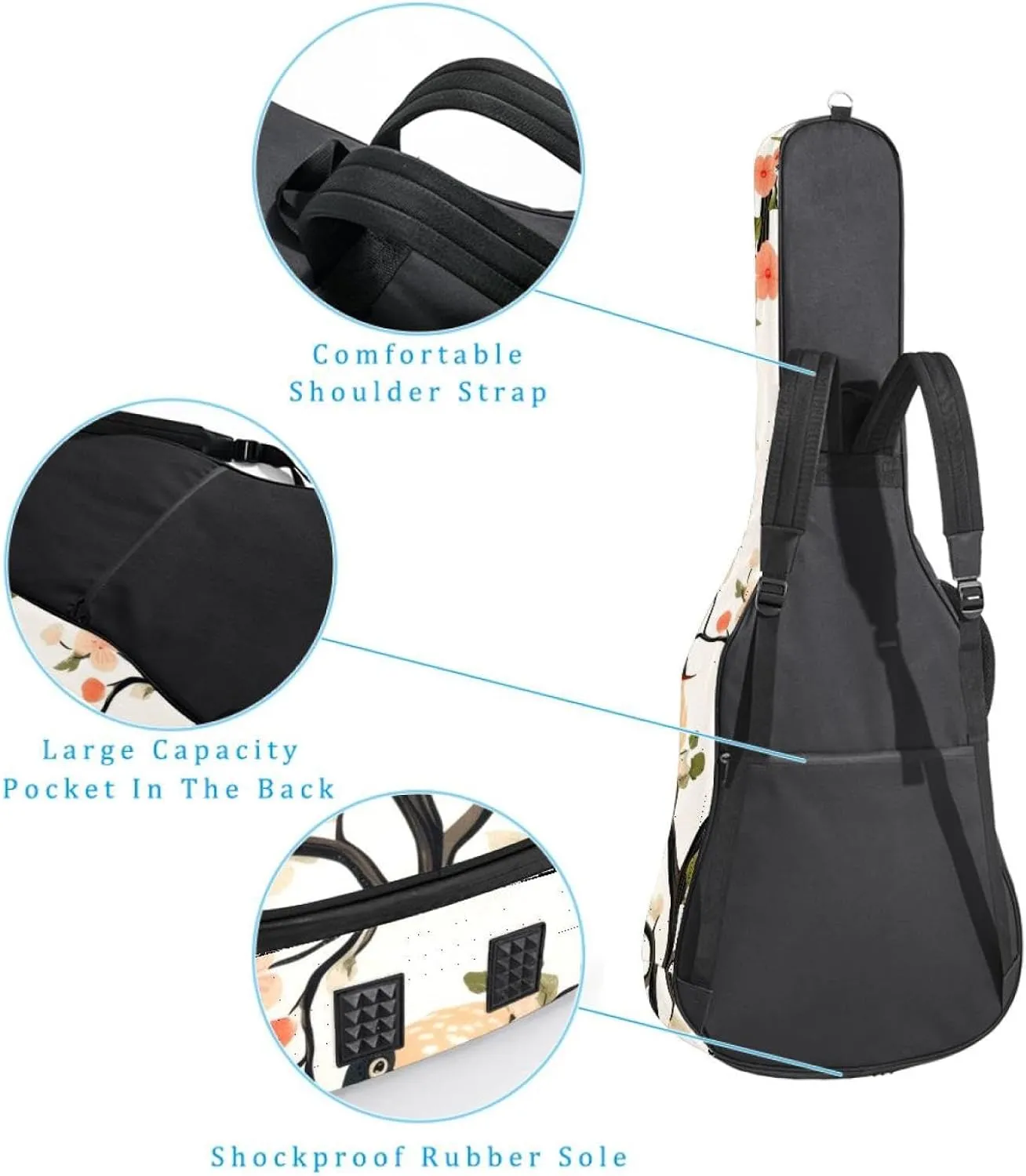 Acoustic Guitar Bag, Soft Guitar Case with 2 Pockets and Back Hanger Loop for 40 41 42 Inch Electric Bass Classical Guitars, Spring Birds with Flowers Pattern