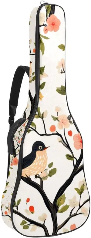 Acoustic Guitar Bag, Soft Guitar Case with 2 Pockets and Back Hanger Loop for 40 41 42 Inch Electric Bass Classical Guitars, Spring Birds with Flowers Pattern
