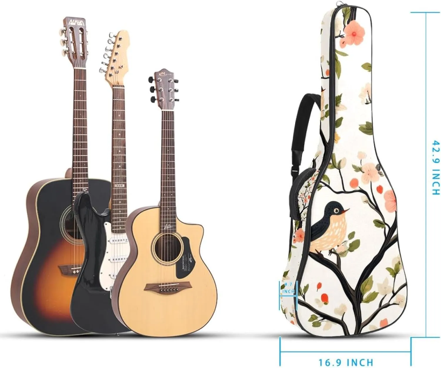 Acoustic Guitar Bag, Soft Guitar Case with 2 Pockets and Back Hanger Loop for 40 41 42 Inch Electric Bass Classical Guitars, Spring Birds with Flowers Pattern