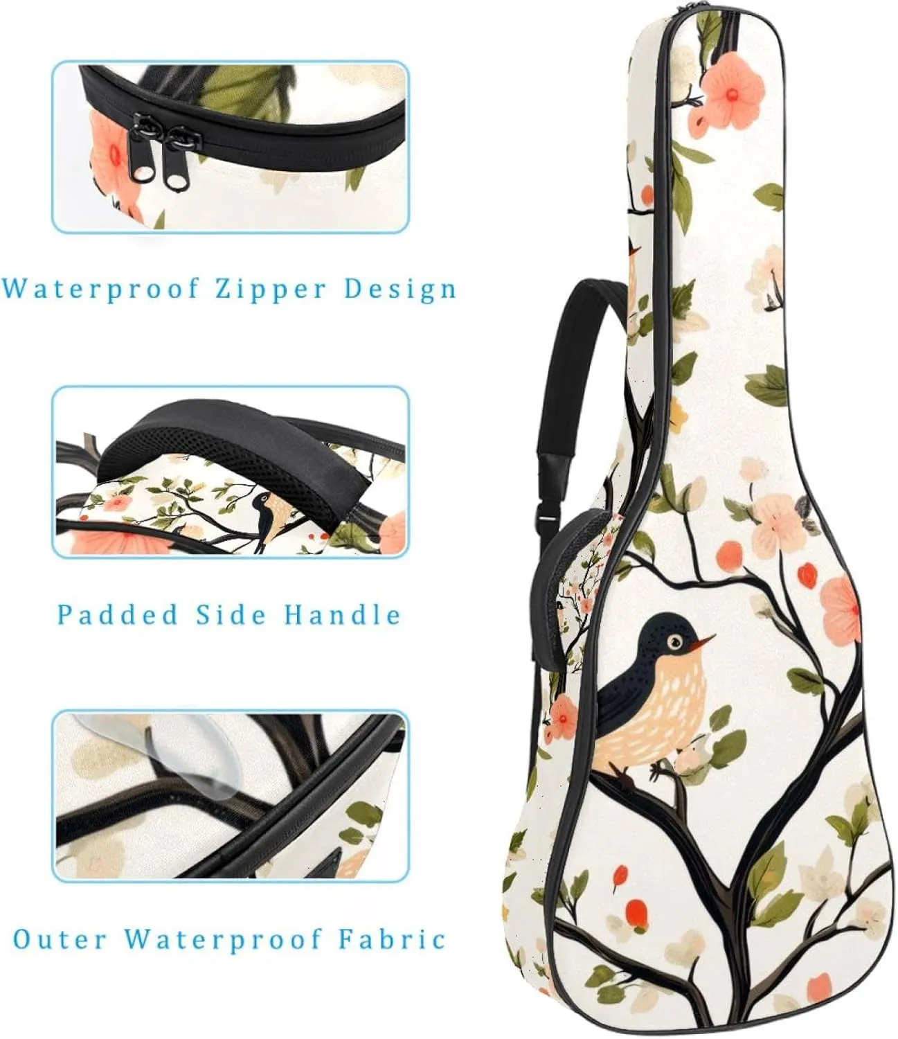 Acoustic Guitar Bag, Soft Guitar Case with 2 Pockets and Back Hanger Loop for 40 41 42 Inch Electric Bass Classical Guitars, Spring Birds with Flowers Pattern