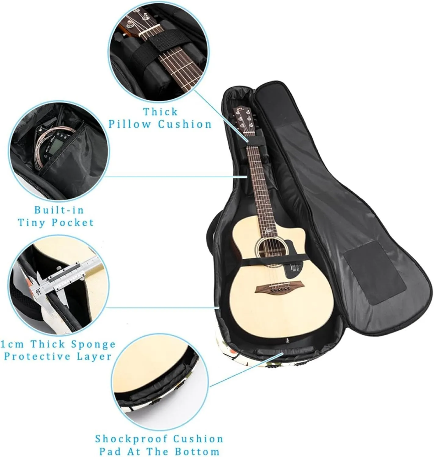 Acoustic Guitar Bag, Soft Guitar Case with 2 Pockets and Back Hanger Loop for 40 41 42 Inch Electric Bass Classical Guitars, Spring Birds with Flowers Pattern