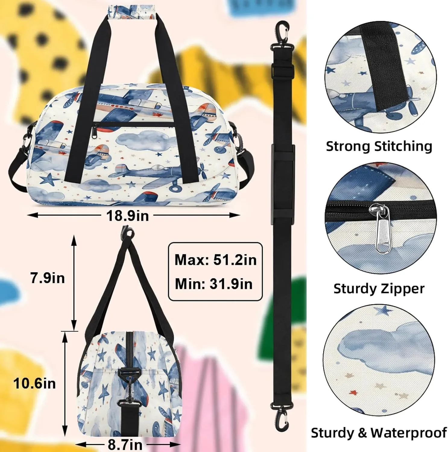 Airplanes Small Gym Bag 18 inch Carry On Duffel Bag for Weekender Travel Sports Workout Yoga Gymnastics Dance Ballet