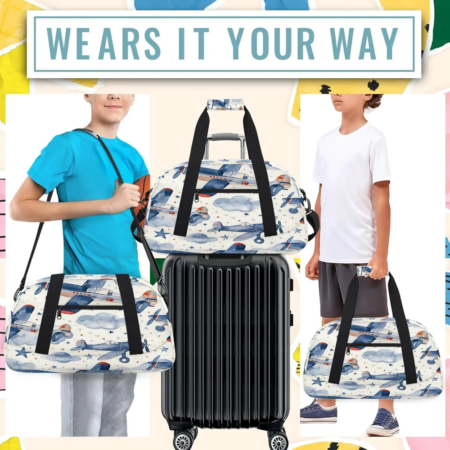 Airplanes Small Gym Bag 18 inch Carry On Duffel Bag for Weekender Travel Sports Workout Yoga Gymnastics Dance Ballet