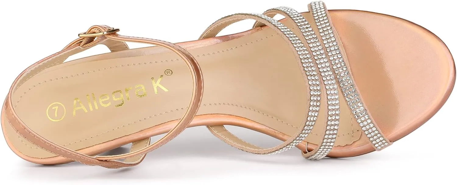 Allegra K Women's Ankle Strap Rhinestone Kitten Heel Sandals