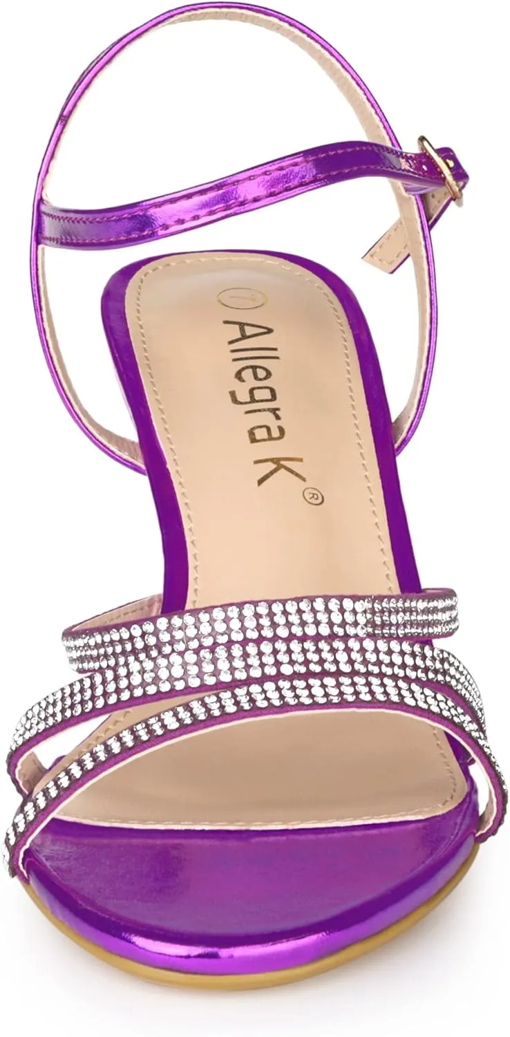 Allegra K Women's Ankle Strap Rhinestone Kitten Heel Sandals