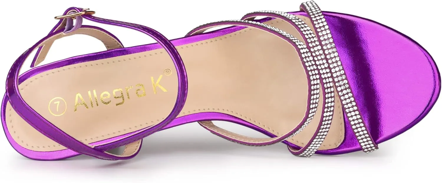 Allegra K Women's Ankle Strap Rhinestone Kitten Heel Sandals