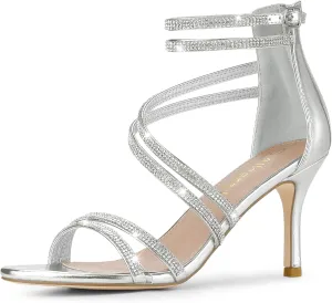 Allegra K Women's Ankle Strap Rhinestone Stiletto Heeled Sandals