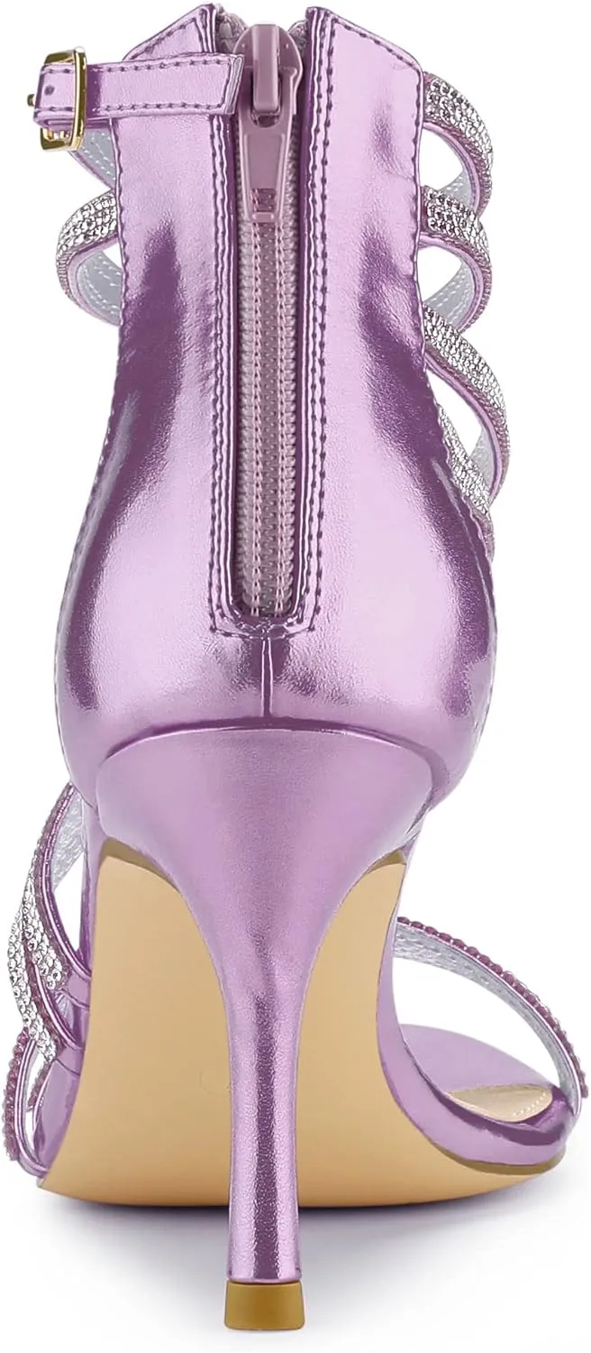 Allegra K Women's Ankle Strap Rhinestone Stiletto Heeled Sandals