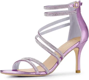 Allegra K Women's Ankle Strap Rhinestone Stiletto Heeled Sandals