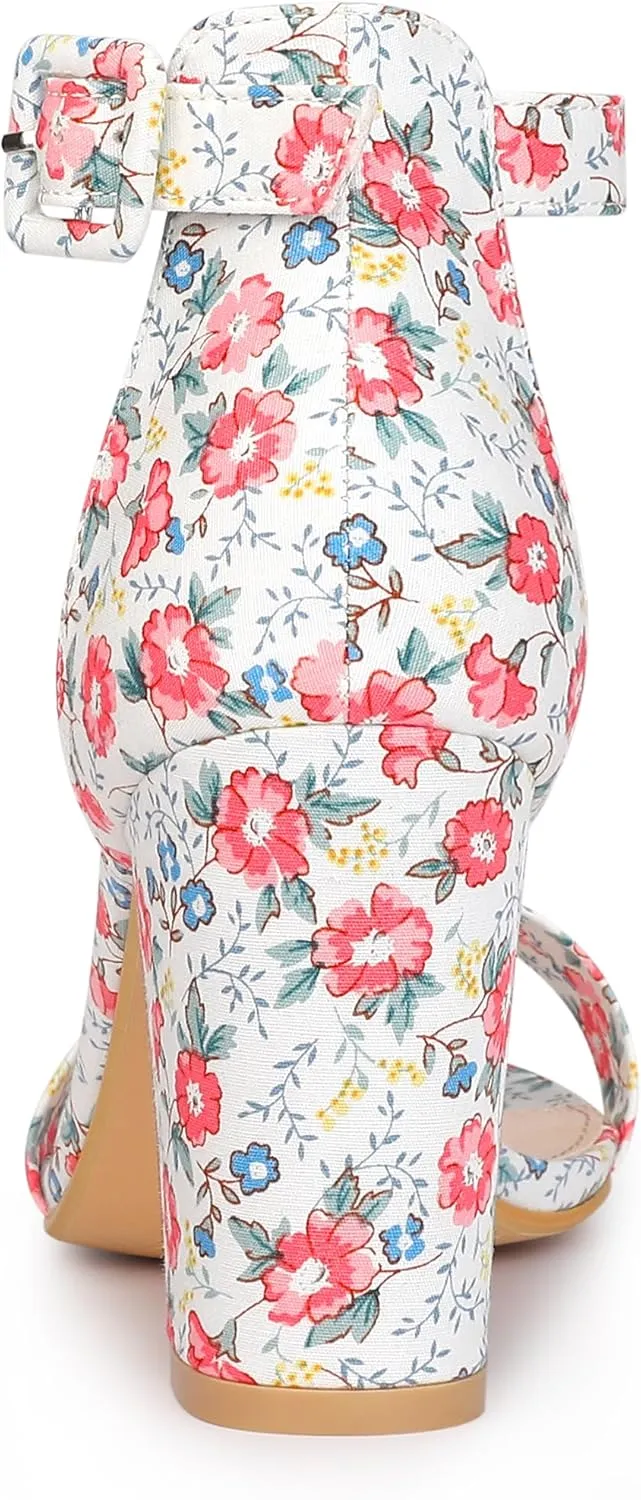 Allegra K Women's Floral Print Open Toe Block High Heels Summer Sandals