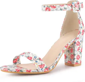 Allegra K Women's Floral Print Open Toe Block High Heels Summer Sandals