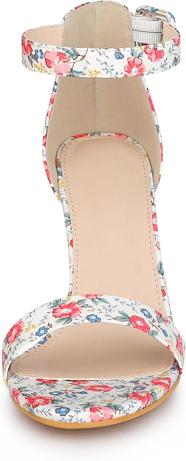 Allegra K Women's Floral Print Open Toe Block High Heels Summer Sandals
