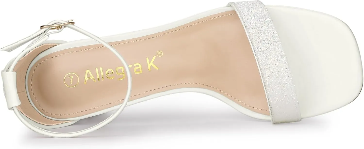 Allegra K Women's Glitter Ankle Strap Chunky Heeled Sandals