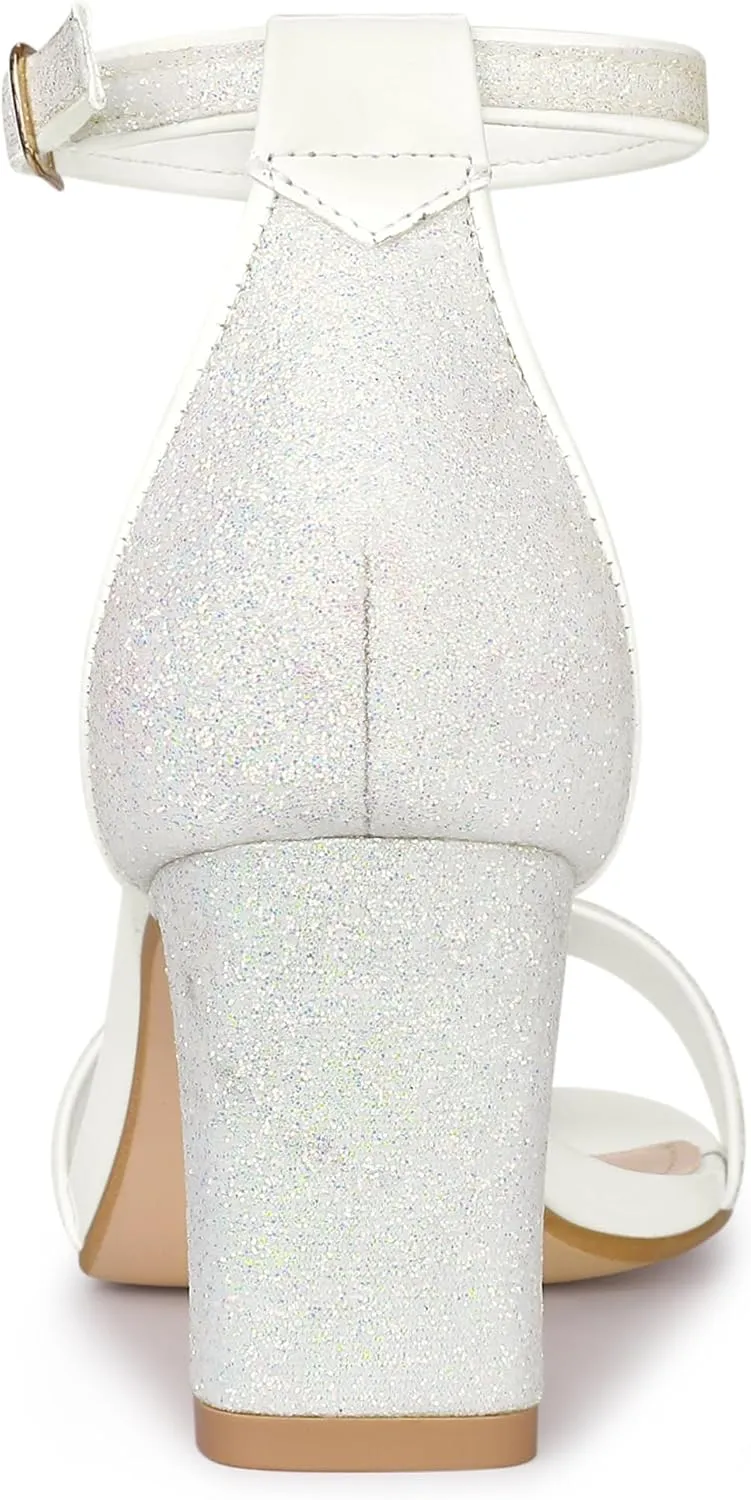 Allegra K Women's Glitter Ankle Strap Chunky Heeled Sandals
