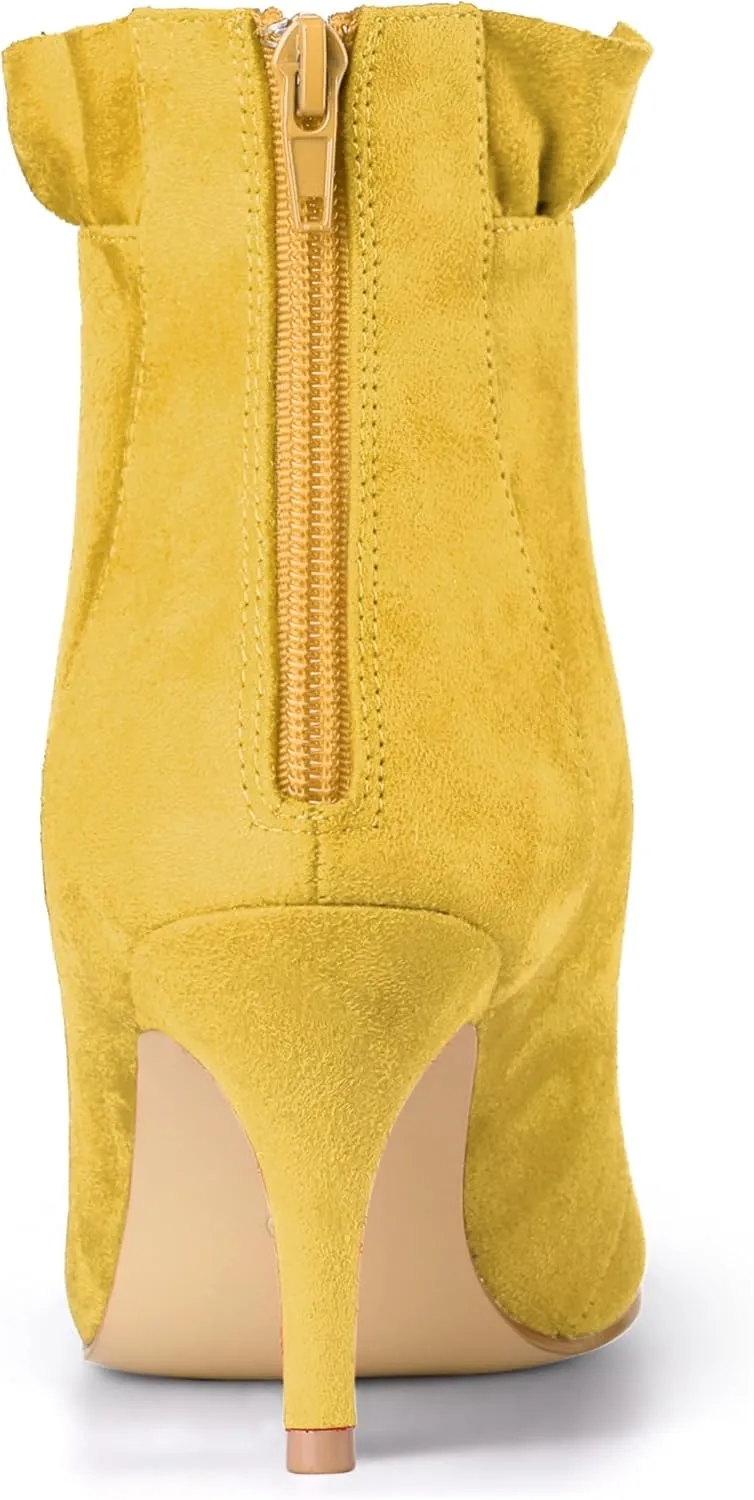 Allegra K Women's Pointed Toe Stiletto Heel Ruffle Ankle Boots