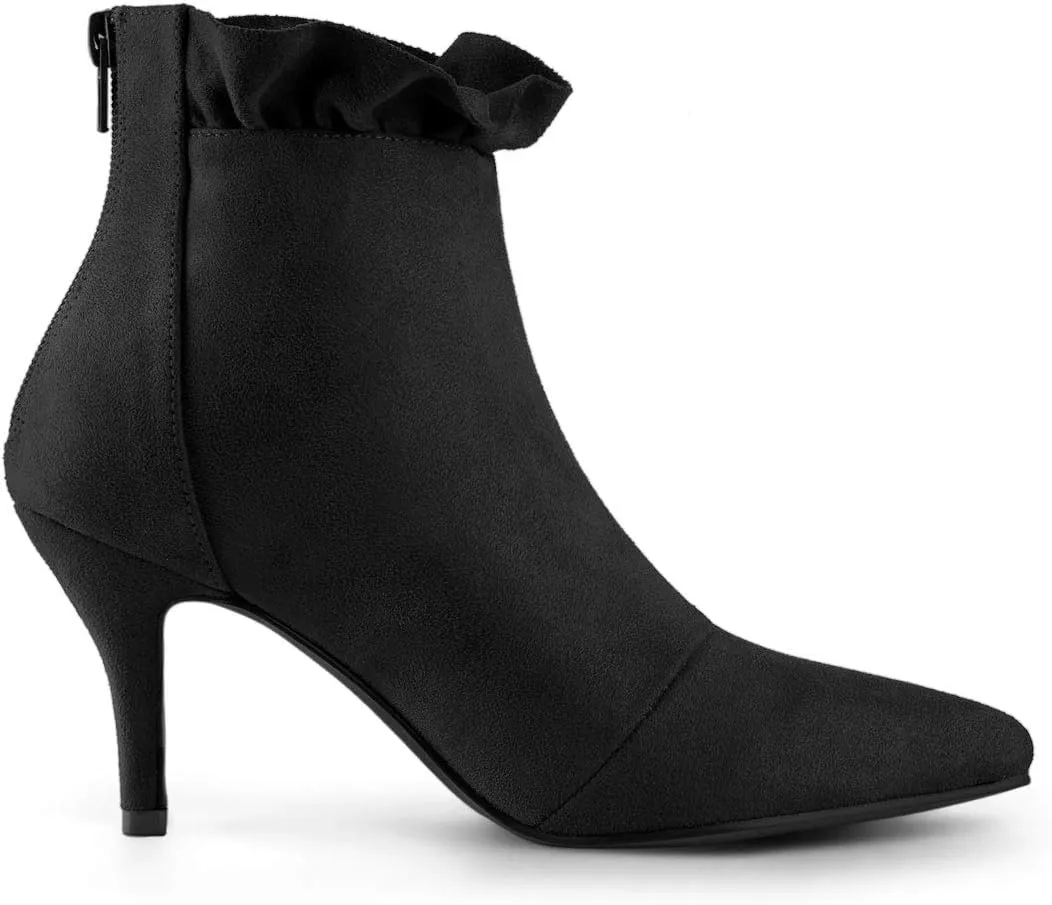 Allegra K Women's Pointed Toe Stiletto Heel Ruffle Ankle Boots