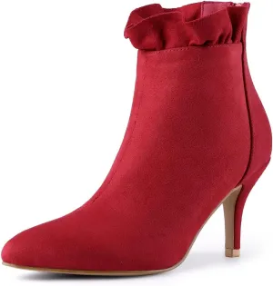 Allegra K Women's Pointed Toe Stiletto Heel Ruffle Ankle Boots