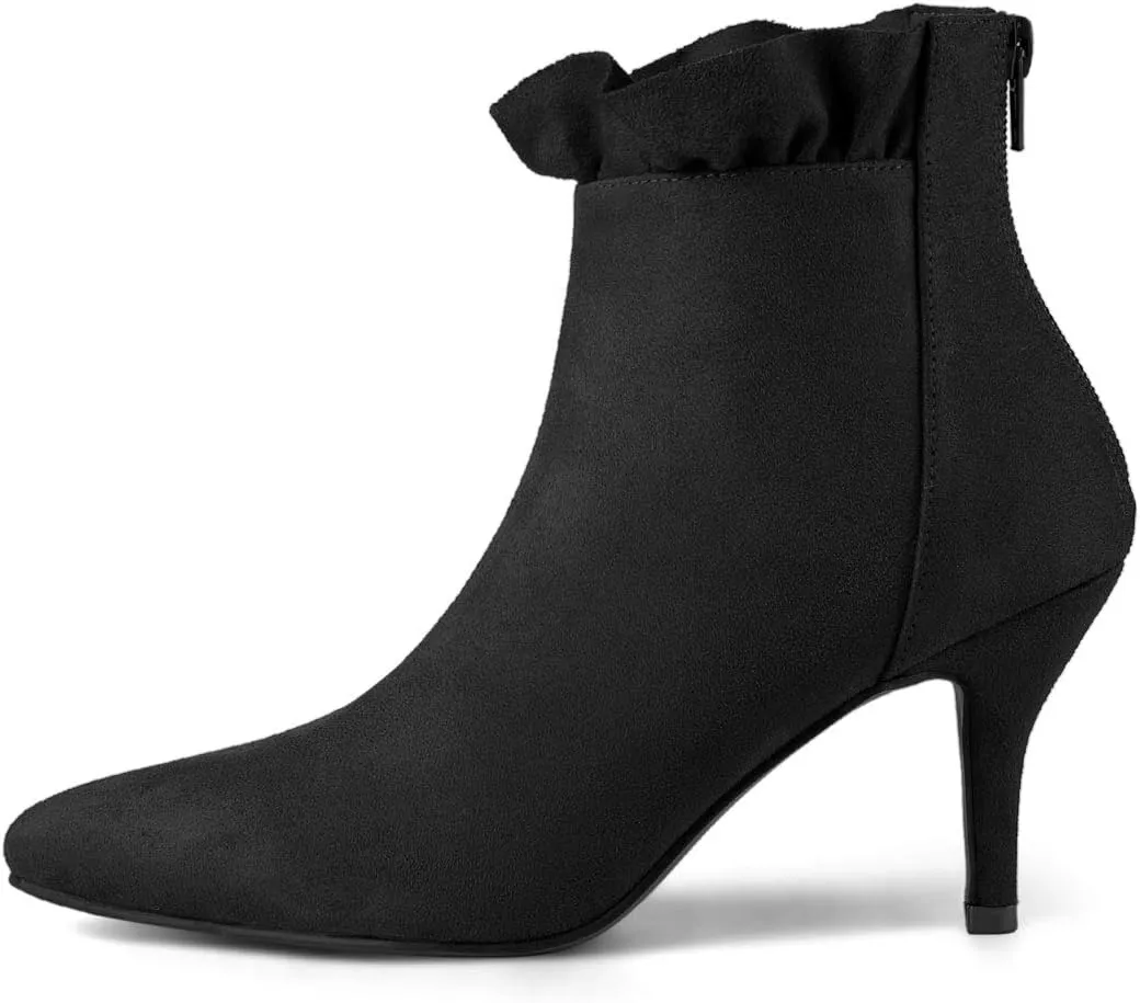 Allegra K Women's Pointed Toe Stiletto Heel Ruffle Ankle Boots