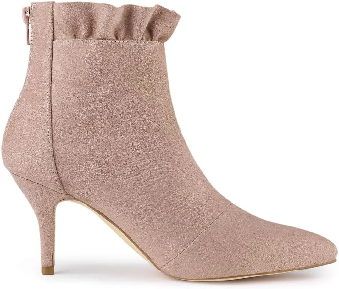 Allegra K Women's Pointed Toe Stiletto Heel Ruffle Ankle Boots