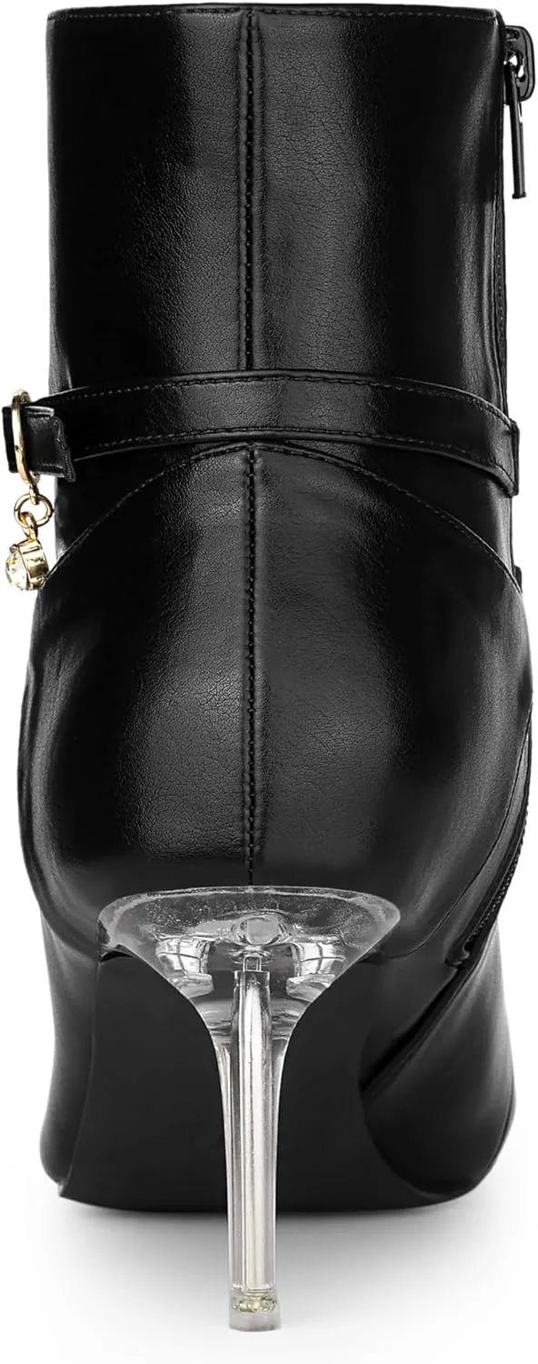 Allegra K Women's Pointed Toe Strappy Rhinestone Clear Stiletto Heels Ankle Booties