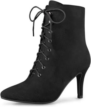 Allegra K Women's Pointy Toe Zip Lace Up Stiletto Heel Ankle Boots