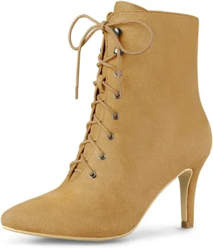 Allegra K Women's Pointy Toe Zip Lace Up Stiletto Heel Ankle Boots