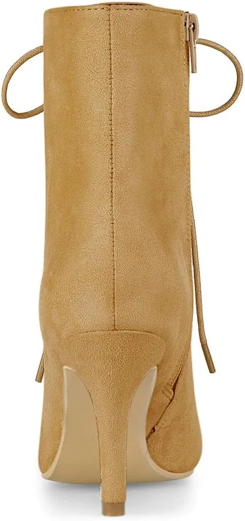 Allegra K Women's Pointy Toe Zip Lace Up Stiletto Heel Ankle Boots