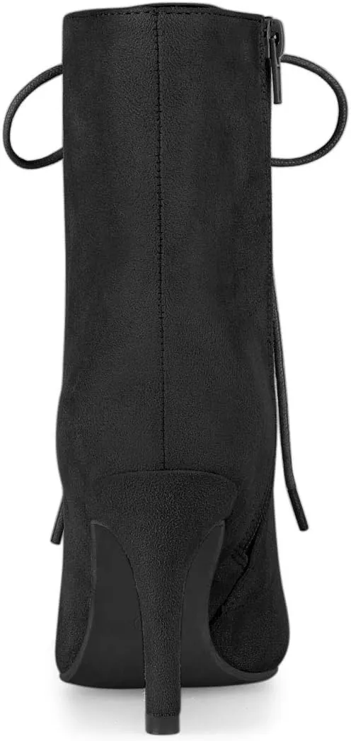 Allegra K Women's Pointy Toe Zip Lace Up Stiletto Heel Ankle Boots