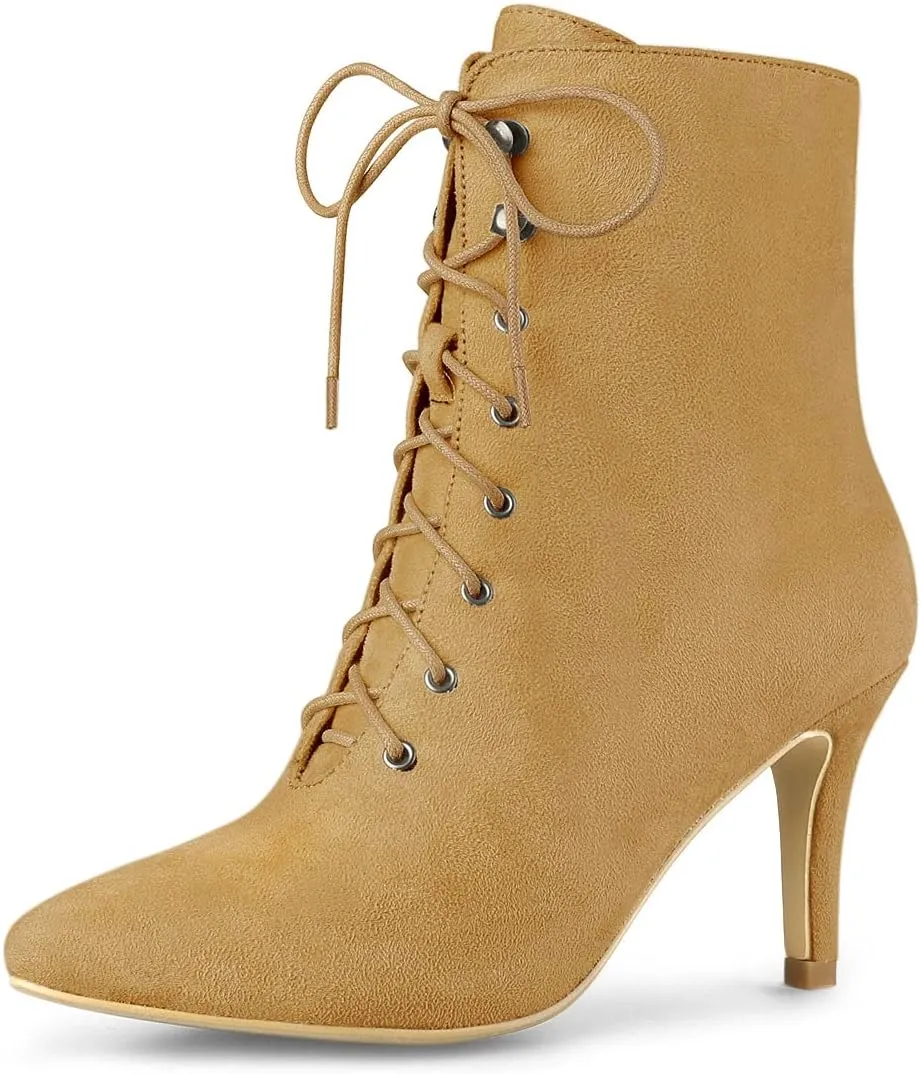 Allegra K Women's Pointy Toe Zip Lace Up Stiletto Heel Ankle Boots
