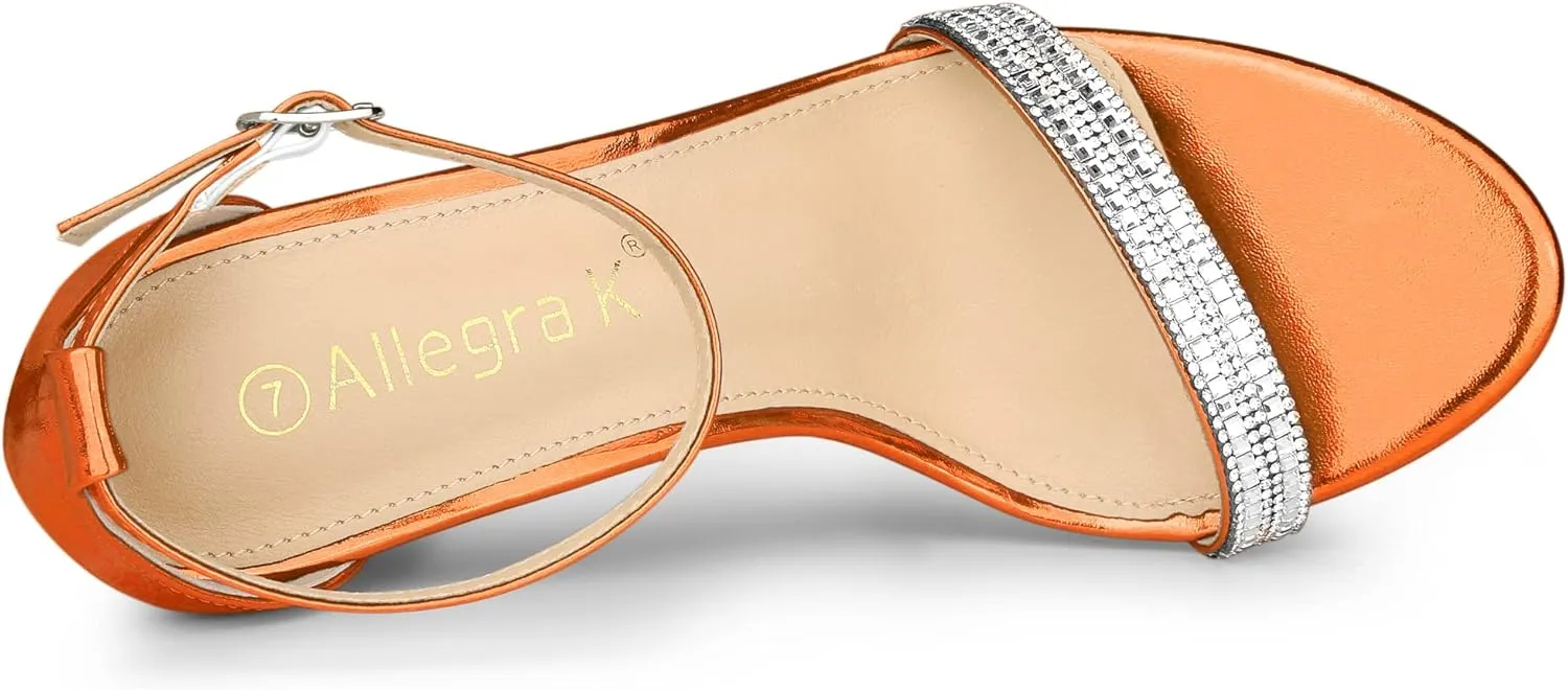 Allegra K Women's Rhinestone Ankle Strap Chunky Heels Sandals