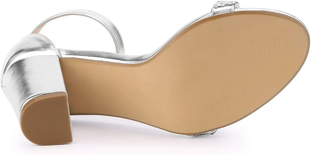 Allegra K Women's Rhinestone Ankle Strap Chunky Heels Sandals