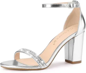 Allegra K Women's Rhinestone Ankle Strap Chunky Heels Sandals