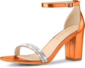 Allegra K Women's Rhinestone Ankle Strap Chunky Heels Sandals