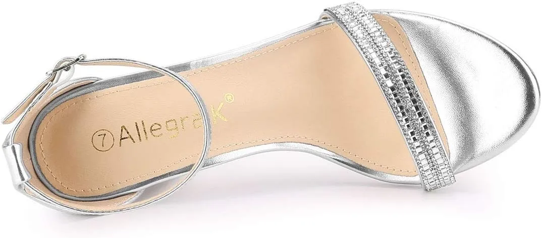 Allegra K Women's Rhinestone Ankle Strap Chunky Heels Sandals