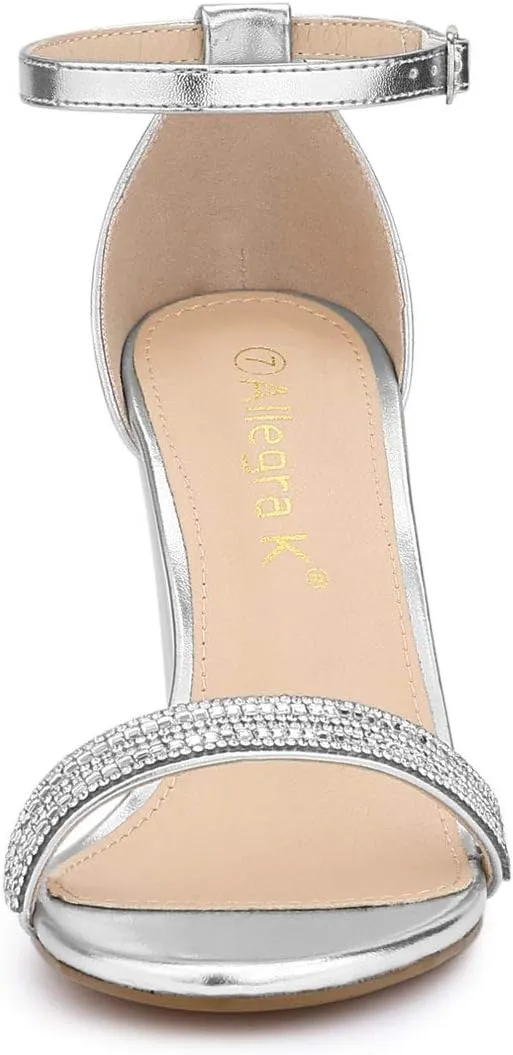 Allegra K Women's Rhinestone Ankle Strap Chunky Heels Sandals