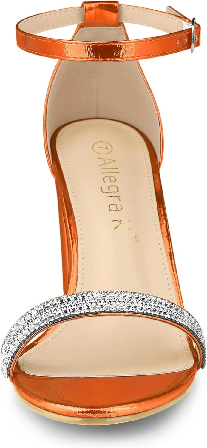 Allegra K Women's Rhinestone Ankle Strap Chunky Heels Sandals