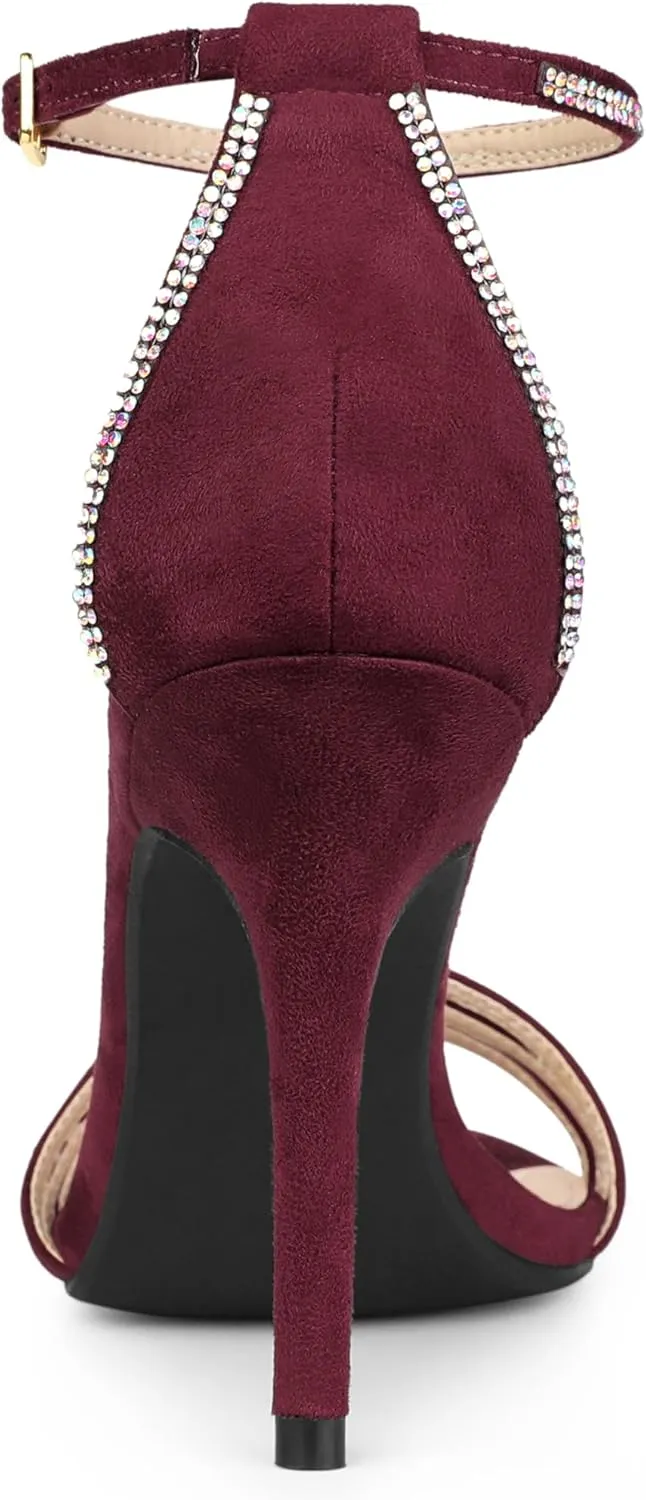 Allegra K Women's Rhinestone Ankle Strap Open Toe Stiletto Heeled Sandals