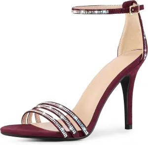 Allegra K Women's Rhinestone Ankle Strap Open Toe Stiletto Heeled Sandals