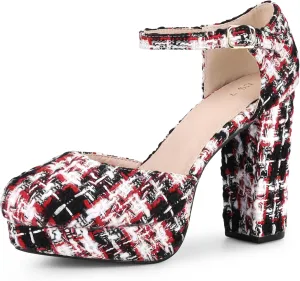 Allegra K Women's Round Toe Platform Tweed Chunky Heels Pumps