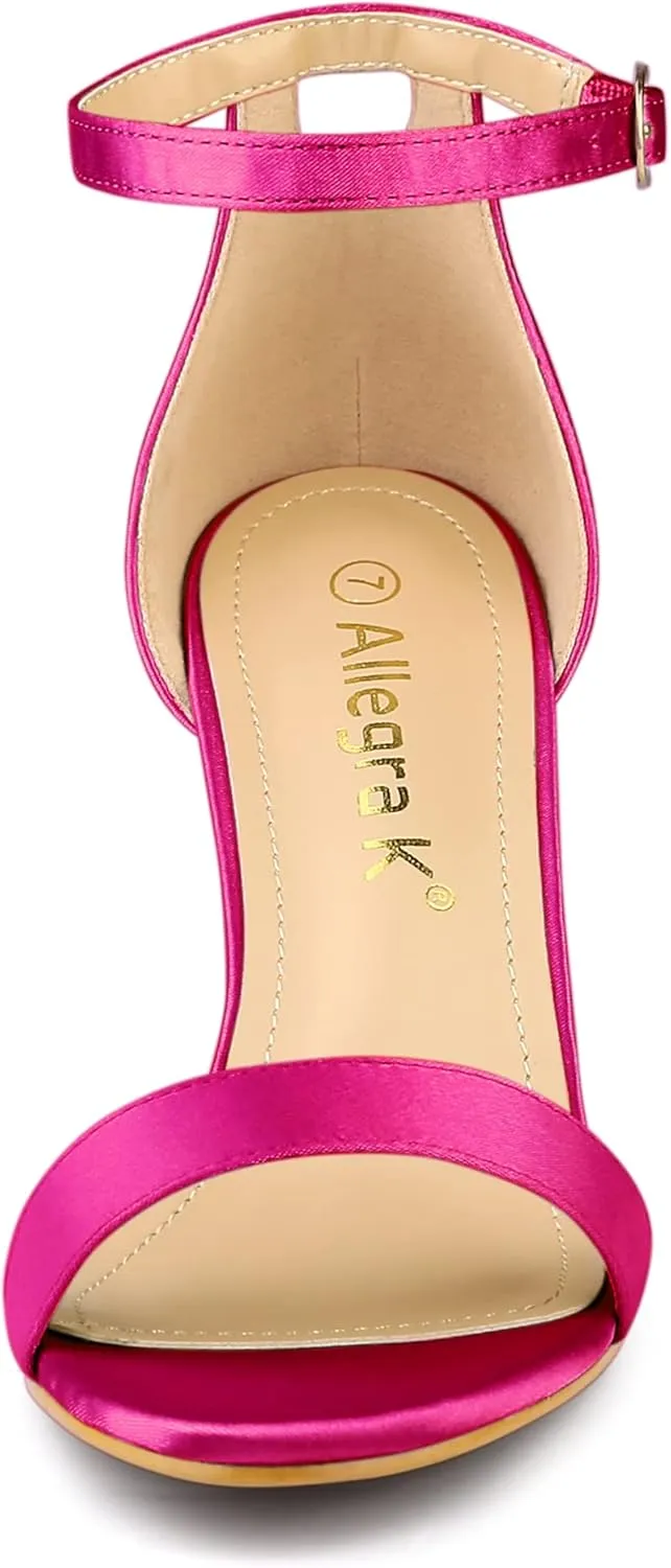 Allegra K Women's Satin Open Toe Ankle Strap Chunky Heels Sandals