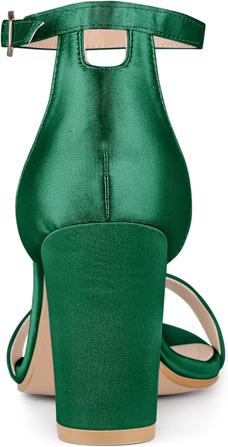 Allegra K Women's Satin Open Toe Ankle Strap Chunky Heels Sandals
