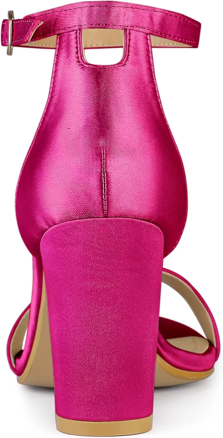 Allegra K Women's Satin Open Toe Ankle Strap Chunky Heels Sandals