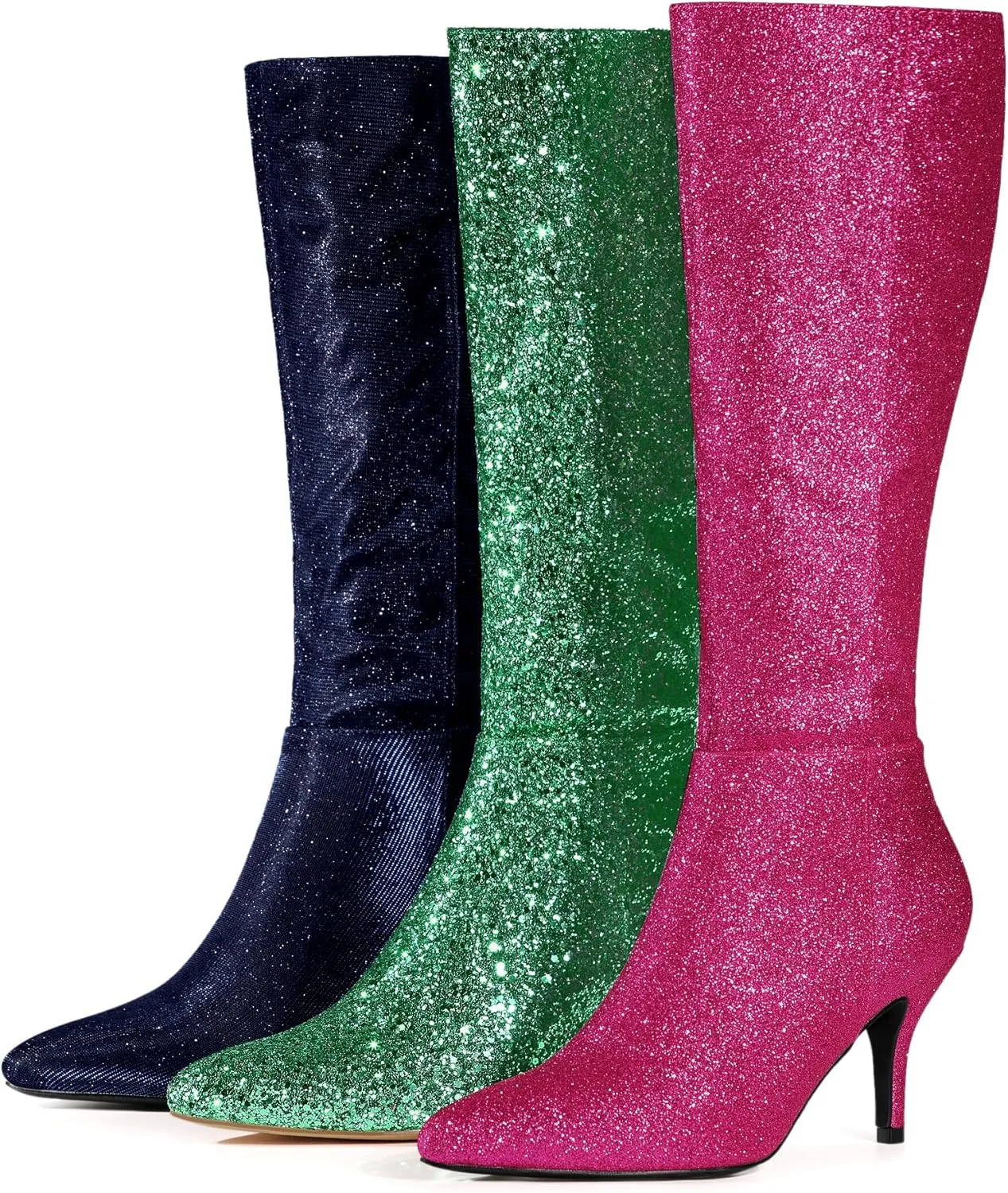 Allegra K Women's Sparkle Glitter Pointy Toe Stiletto Heel Knee High Boots