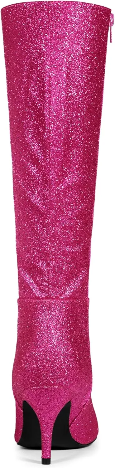 Allegra K Women's Sparkle Glitter Pointy Toe Stiletto Heel Knee High Boots