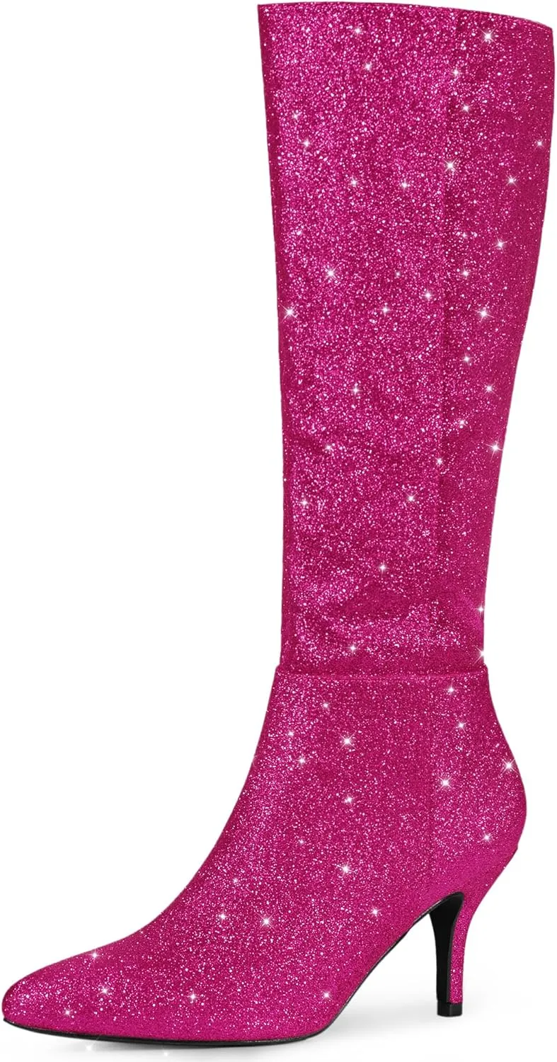 Allegra K Women's Sparkle Glitter Pointy Toe Stiletto Heel Knee High Boots