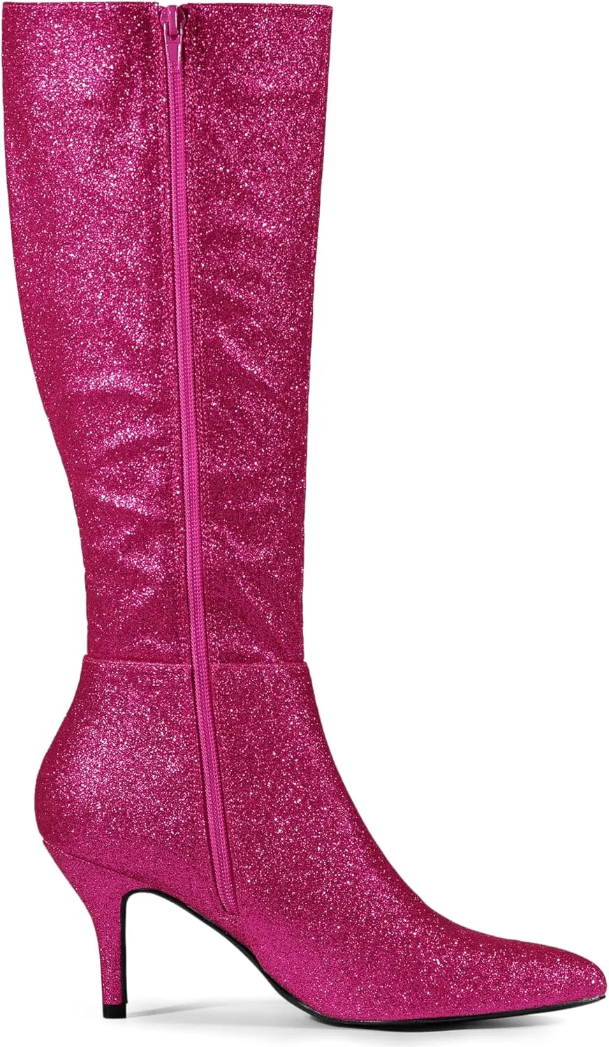 Allegra K Women's Sparkle Glitter Pointy Toe Stiletto Heel Knee High Boots