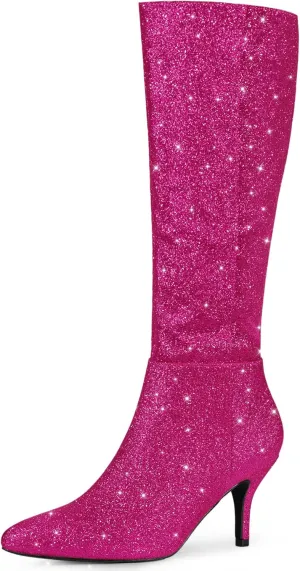 Allegra K Women's Sparkle Glitter Pointy Toe Stiletto Heel Knee High Boots
