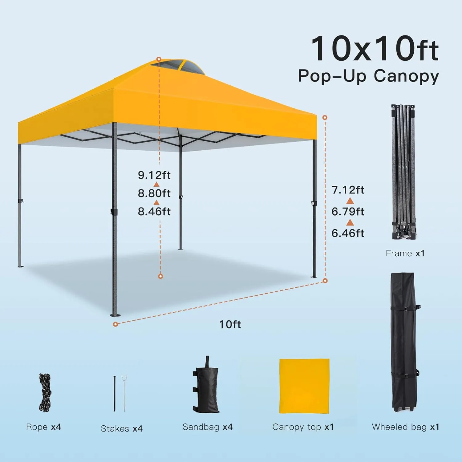 Amada 10x10ft 1-Person Setup Pop Up Canopy Tent - Easy Outdoor Sun Shade for Events, Parties, Camping, Gazebo with Wheel Cover Bag, Beach Tent with 3-Speed Adjustable Height,Orange