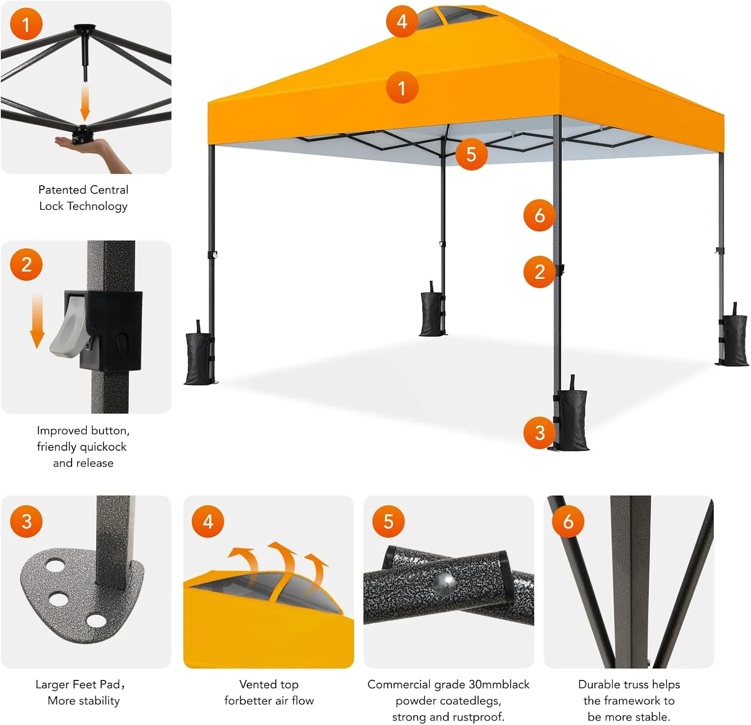 Amada 10x10ft 1-Person Setup Pop Up Canopy Tent - Easy Outdoor Sun Shade for Events, Parties, Camping, Gazebo with Wheel Cover Bag, Beach Tent with 3-Speed Adjustable Height,Orange