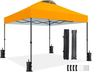 Amada 10x10ft 1-Person Setup Pop Up Canopy Tent - Easy Outdoor Sun Shade for Events, Parties, Camping, Gazebo with Wheel Cover Bag, Beach Tent with 3-Speed Adjustable Height,Orange